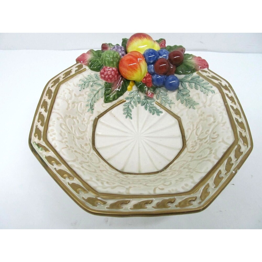 Fitz And Floyd Venezia Ceramic 7" Octagonal Candy Bowl With Fruit Cluster